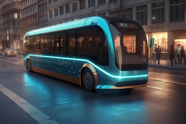 3D rendering of a modern electric bus in the city at night generative ai