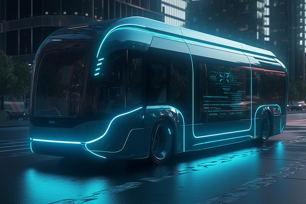 3D rendering of a modern electric bus in the city at night generative ai