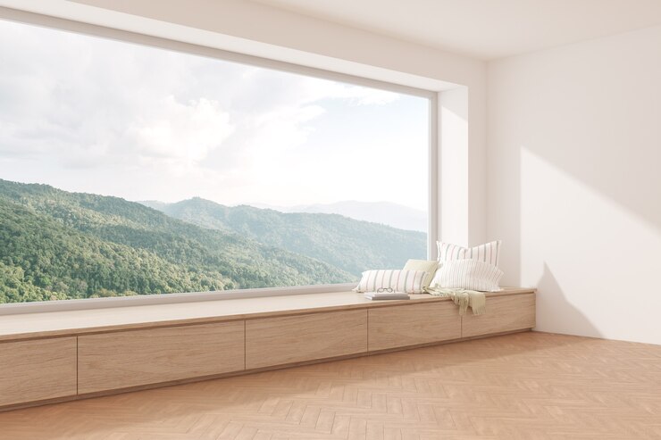 Photo 3d rendering of modern empty room with wooden seat and herringbone floor on mountain background, large window.
