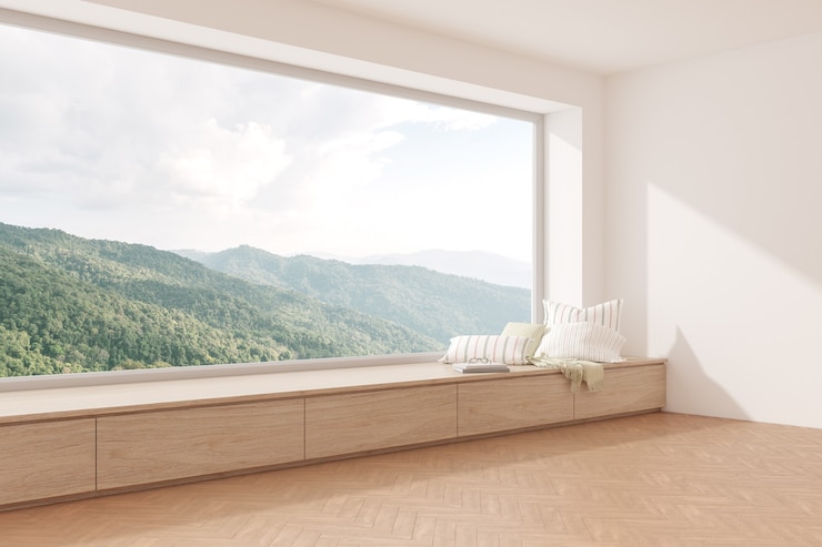 Photo 3d rendering of modern empty room with wooden seat and herringbone floor on mountain background, large window.