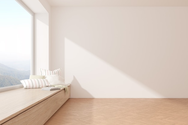 3d rendering of modern empty room with wooden seat and herringbone floor on mountain background, Large window.