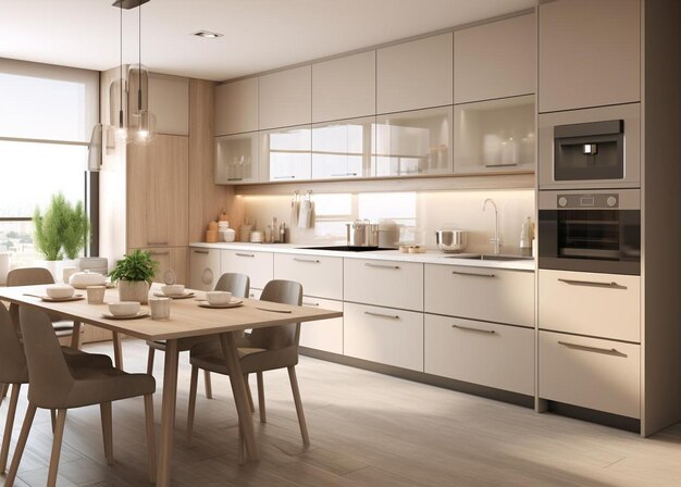 3d rendering modern fashionable kitchen with white and biege design