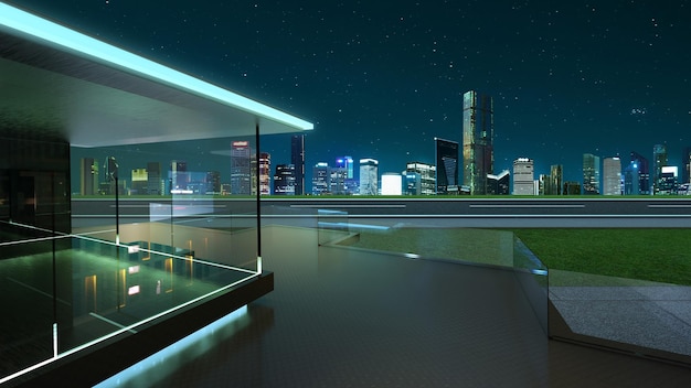 3D rendering of a modern glass balcony with city skyline real photography background night scene Mixed media