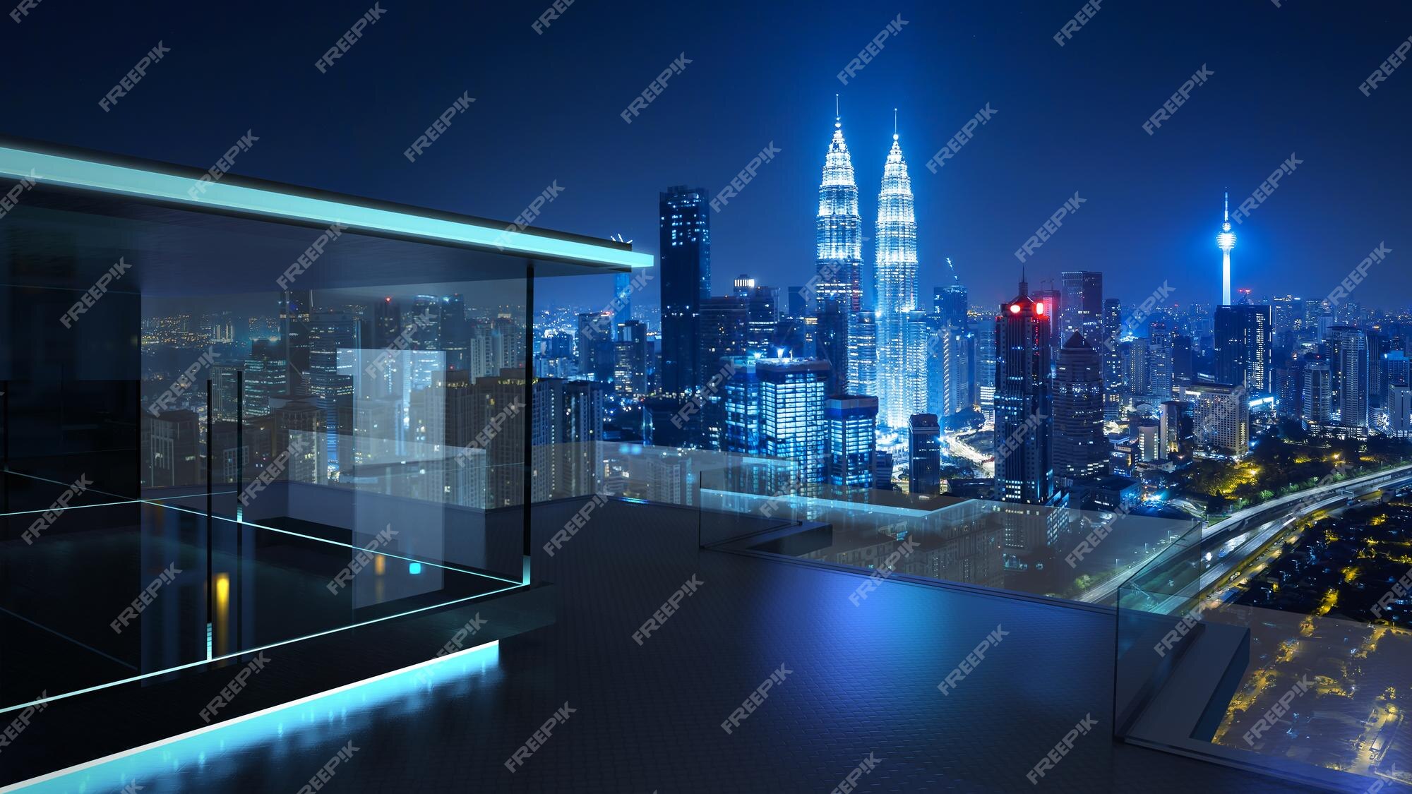 Premium Photo | 3d rendering of a modern glass balcony with kuala lumpur  city skyline real photography background night scene mixed media