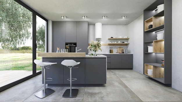 3d рендеринг современного серого дизайна интерьера кухни