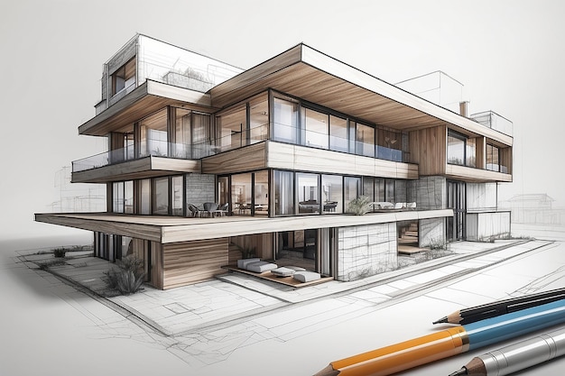 3D rendering of a modern high end architecture project with a hand sketching and drafting
