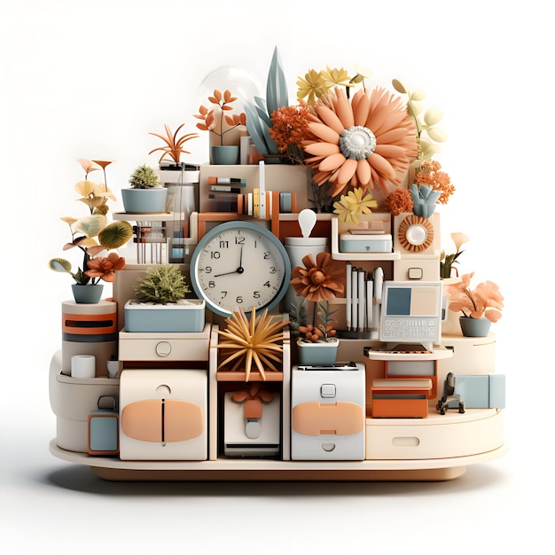 3D-рендеринг современного домашнего декора с часами и цветами
