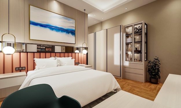 3D-rendering modern hotel slaapkamer interieur design