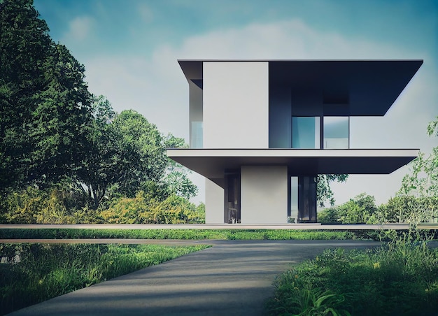 3d rendering of modern house by the river