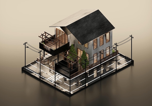 3D Rendering Modern House In Isometric View Exterior Background