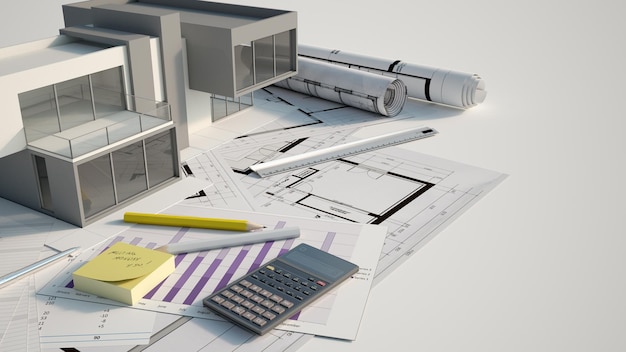 3D rendering of a modern house mock up on top of blueprints