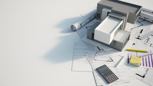 3D rendering of a modern house mock up on top of blueprints