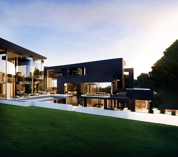 3D визуализация современного дома с бассейном