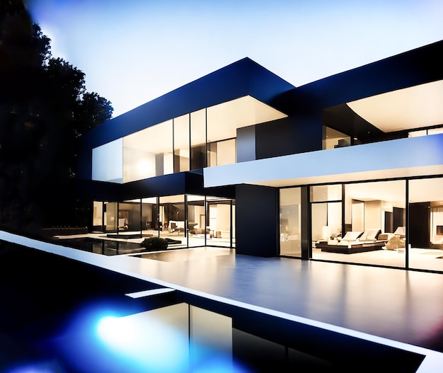 Foto rendering 3d di una casa moderna con piscina