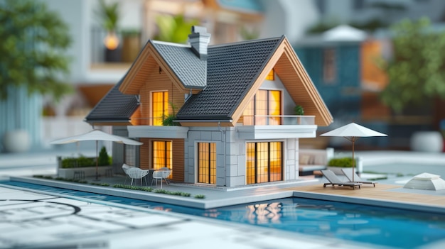 Photo 3d rendering of a modern house with a pool