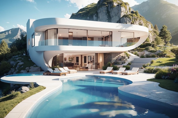3D-рендеринг современного дома с бассейном на фоне гор