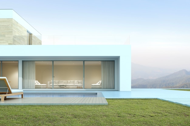 3d rendering of modern house with swimming pool on mountain background.