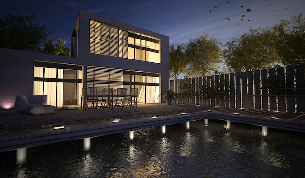 3D-rendering modern huis met terras in de nacht