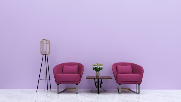 3d rendering modern interior ideas with purple background,\
single pink sofa and standing lamp