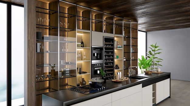 Photo 3d rendering modern kitchen advanced modeling interior design