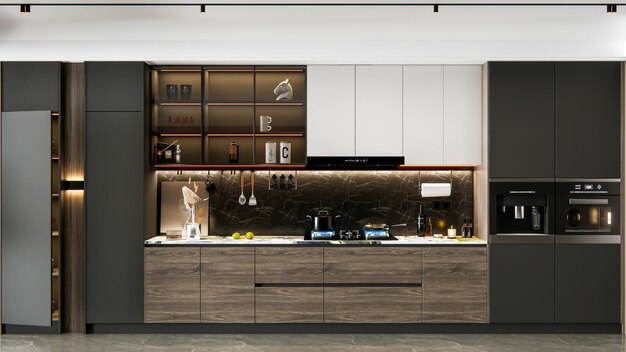 Photo 3d rendering modern kitchen advanced modeling interior design