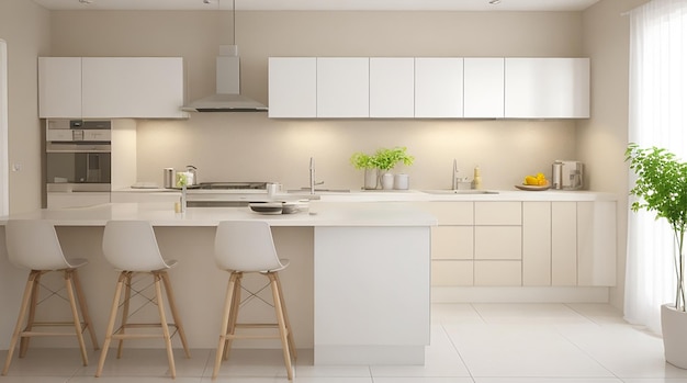 3d rendering modern kitchen counter with white and biege design