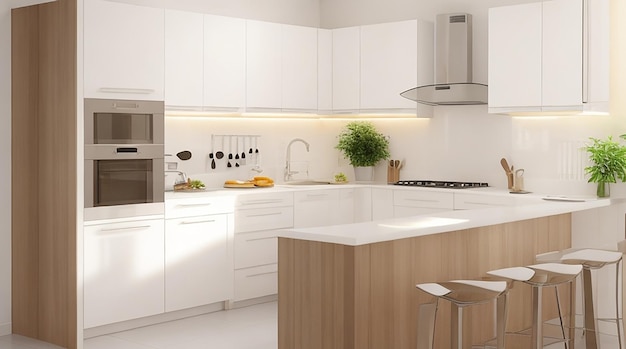 3d rendering modern kitchen counter with white and biege design