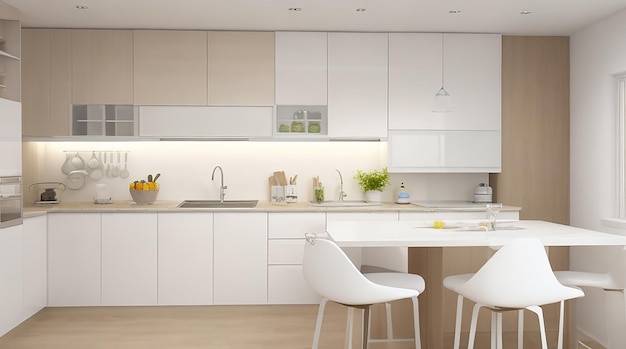 3d rendering modern kitchen counter with white and biege design