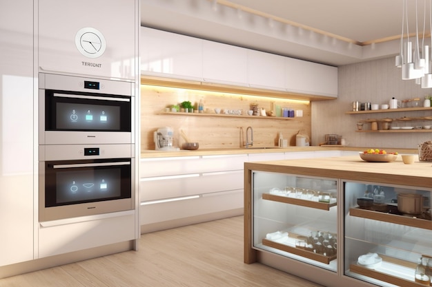 3D-рендеринг современного дизайна интерьера кухни с черной столешницей