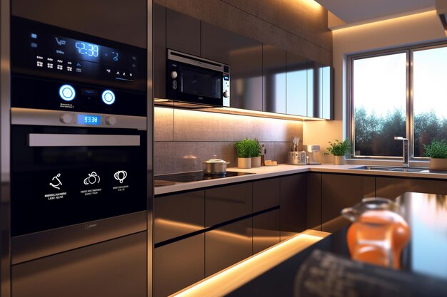 Photo 3d rendering of a modern kitchen interior design with black countertop