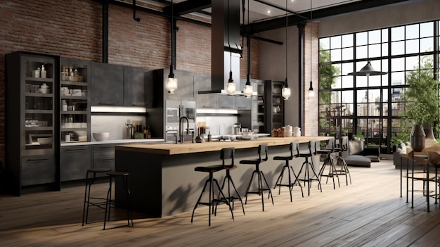 3D rendering of modern kitchen in a loft