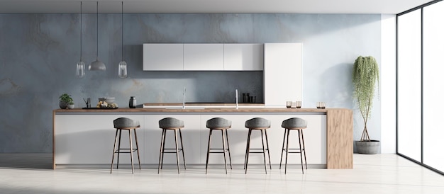 A 3D rendering of a modern kitchen with white walls a concrete floor blue countertops and cupboards