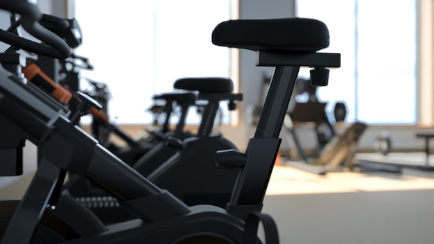 3d 렌더링 체육관에서 현대적인 가벼운 체육관 스포츠 장비 랙에 다른 무게의 바벨