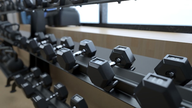 3d rendering modern light gym sports equipment in gym barbells\
of different weight on rack