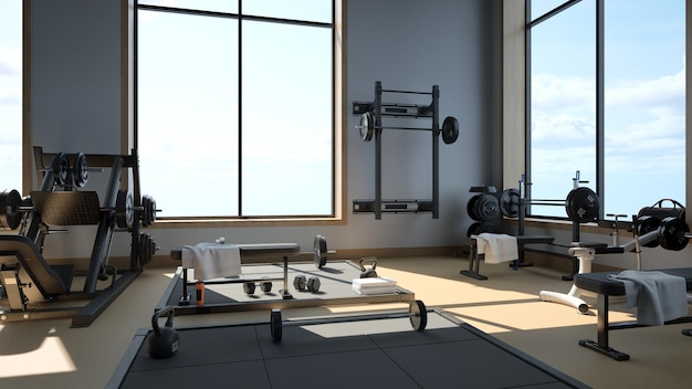 Rendering 3d moderna palestra leggera attrezzature sportive in palestra bilancieri di peso diverso su rack