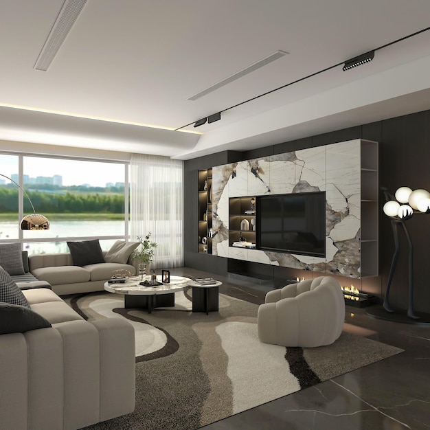 3d rendering modern living room interior design