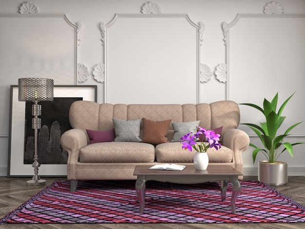 3d rendering of a modern living room with a couch