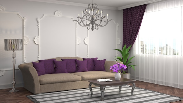 3d rendering of a modern living room with a couch