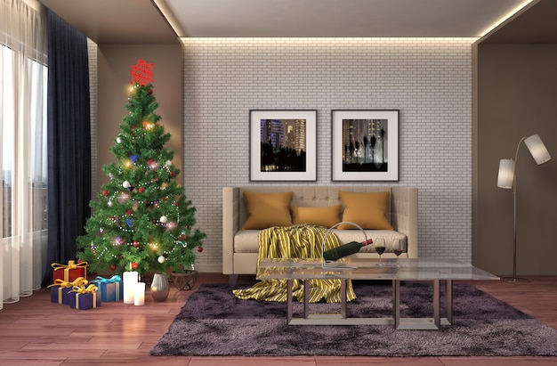 3d rendering of a modern living room with a couch