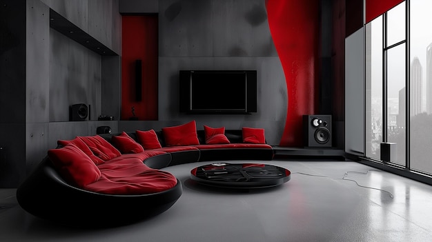 3d rendering of modern living room with red sofa and tv