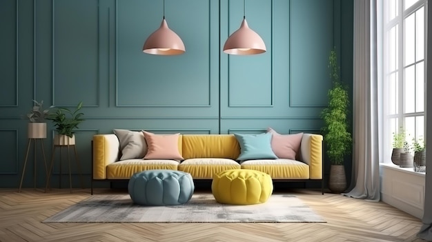 3d-рендеринг современной гостиной с белым диваном и домашним столом в стене с декором Generative Ai