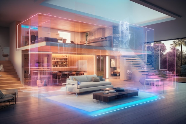 Photo 3d rendering of a modern living room with a wooden floor beautiful modern house interior with digital hologram effect overlay ai generated