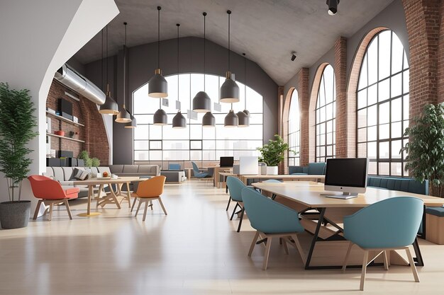 3d rendering modern loft office lounge in co working space