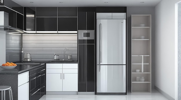 3d rendering modern luxary design kitchen with fridge