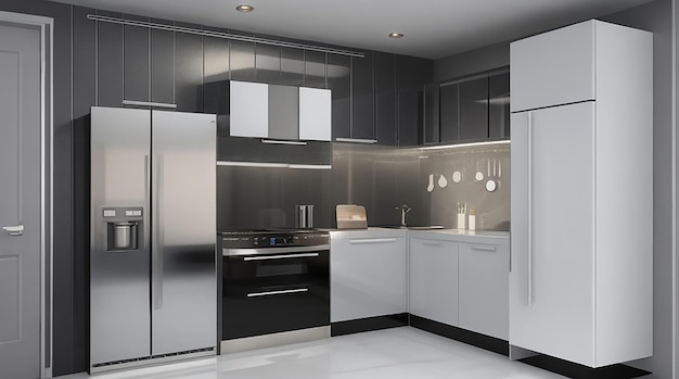 冷蔵庫付きの 3 d レンダリングのモダンな豪華なデザインのキッチン