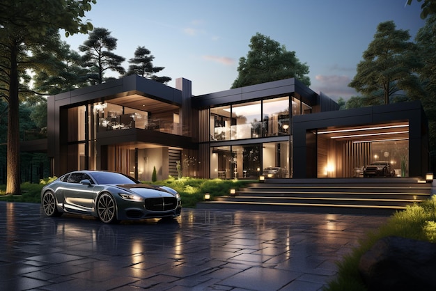 3D-рендеринг современного роскошного дома, роскошного автомобиля в гараже