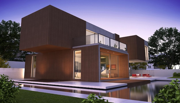 3D rendering of a modern luxurious house with pool