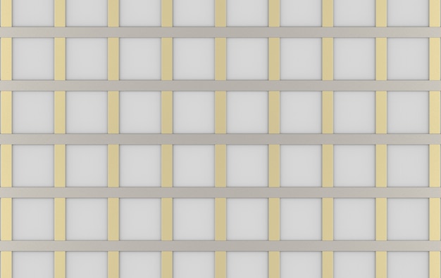 3Dレンダリング。モダンで豪華なスクエアゴールドシルバーグリッドラインパターンデザインの壁の背景。