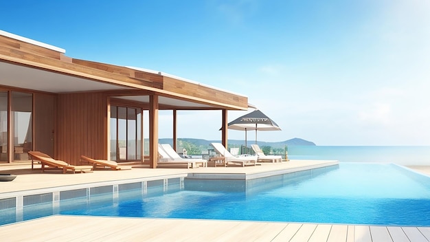 바다 배경에 나무 테라스와 수영장이 있는 현대적인 럭셔리 비치 하우스의 3d 렌더링