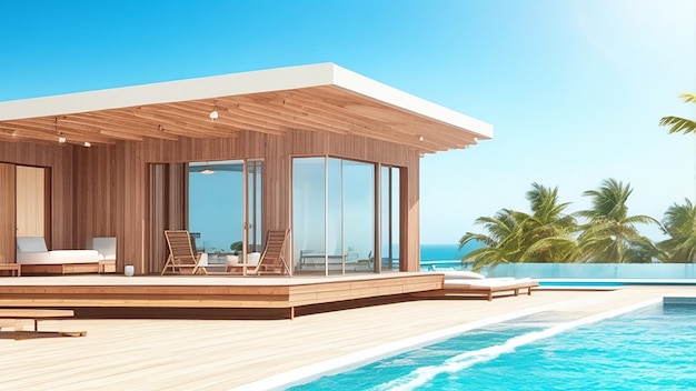 3d rendering of modern luxury beach house with wood terrace and swimming pool on sea background